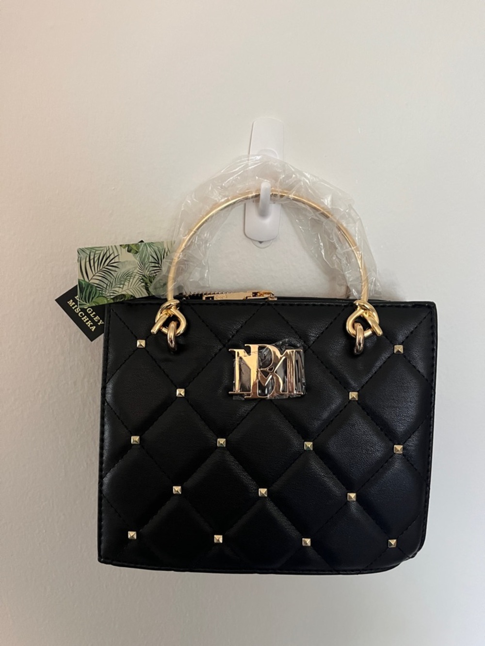 BADGLEY MISCHKA Black Quilted Top-Handle Bag with Gold Accents